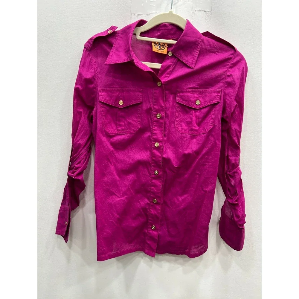 Tory Burch Button Front Shirt Sz 0 Magenta Pink Designer Preppy Roll Tab Sleeve